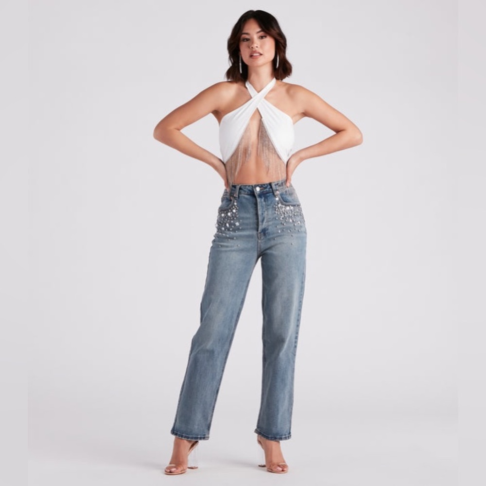 NWT Signature8 Simons Rhinestone Straight Leg Denim Size Small some stretch